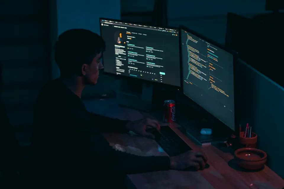 A developer at a terminal in a dimly lit workspace