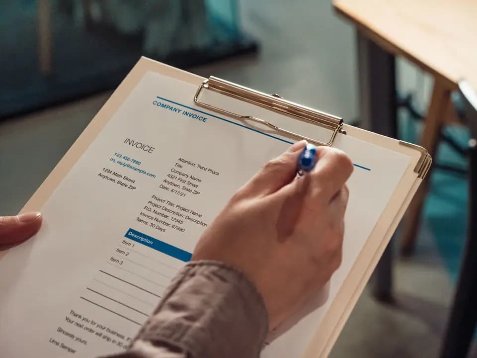 An invoice held on a clipboard with a pen