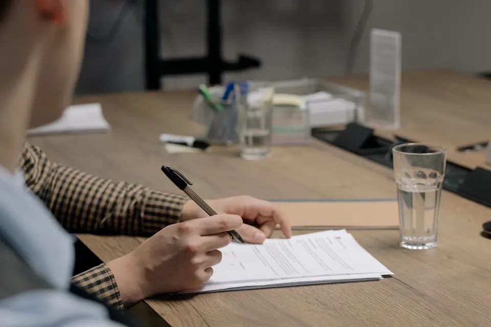 Someone signing a contract at a wooden meeting table