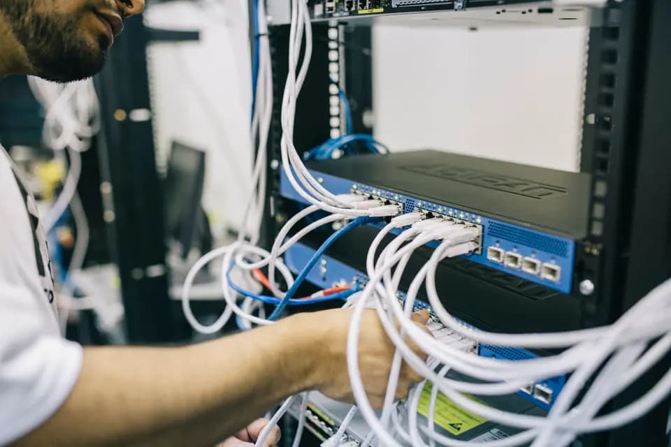 A technician routing network cabling into a server rack