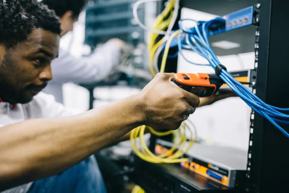 An engineer working on rack hardware with a powered screwdriver
