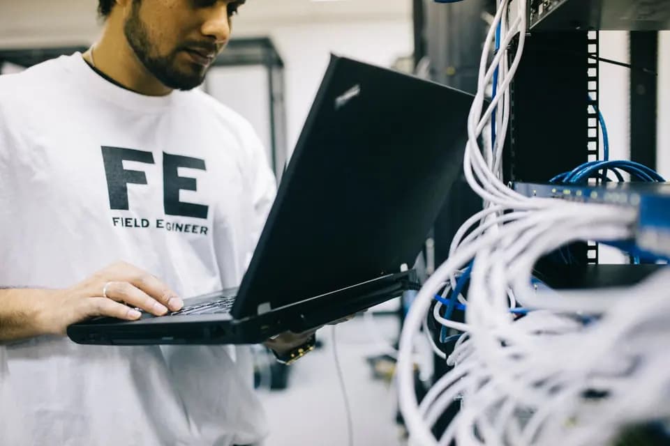 An engineer checking hardware against a laptop in a comms room