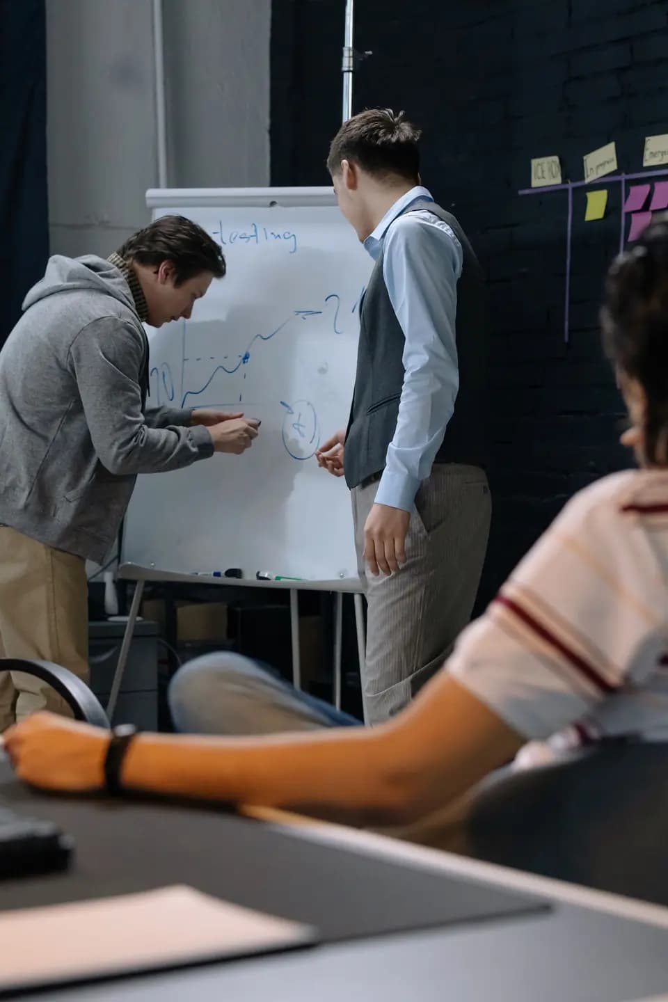 A group working through a problem at a whiteboard