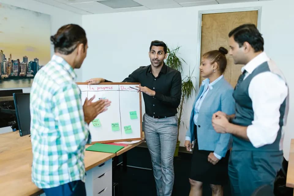A team reviewing progress against a board