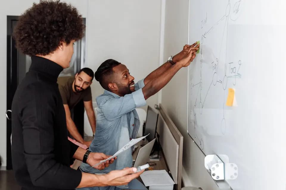 Colleagues standing at a board working through options