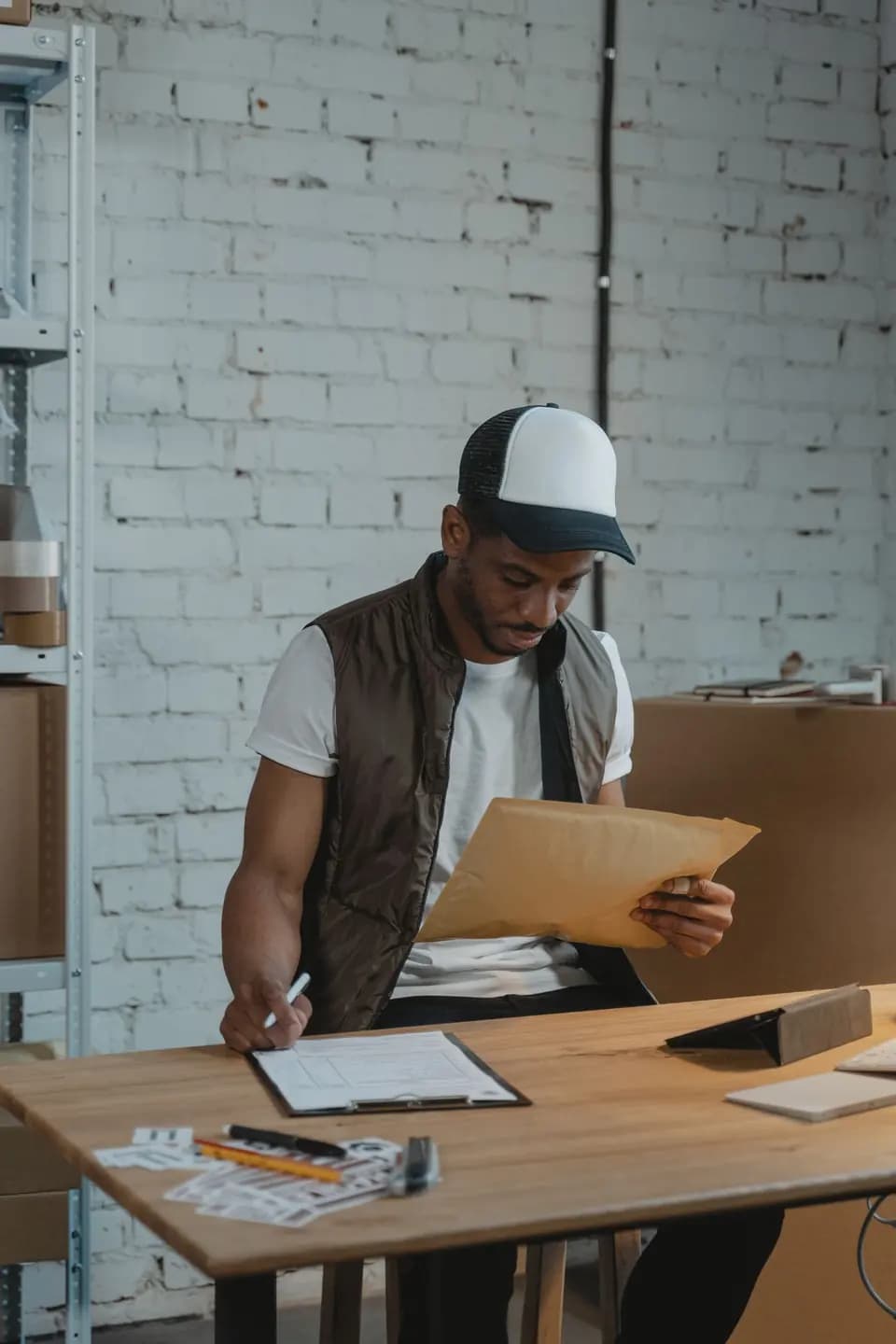 A colleague checking a parcel against paperwork at a desk