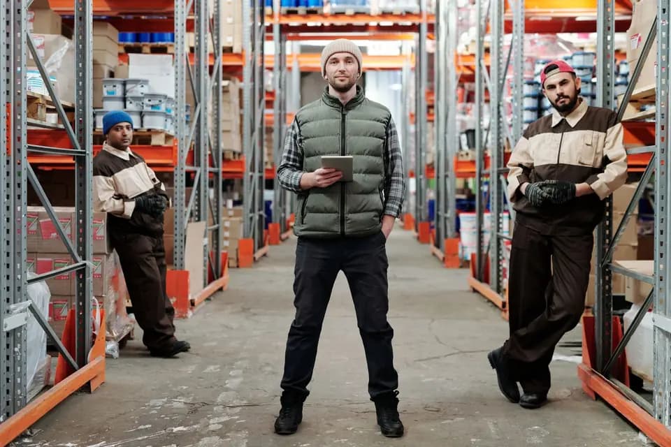 Three warehouse staff talking in an aisle between storage racks